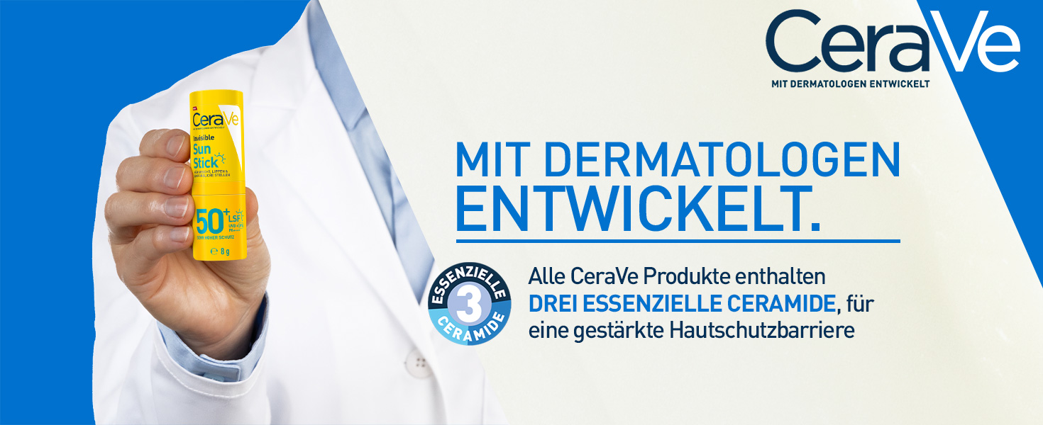 Arzt hält CeraVe Invisible Sun Stick LSF 50+. Text: Mit Dermatologen entwickelt. Essenzielle Ceramide.
